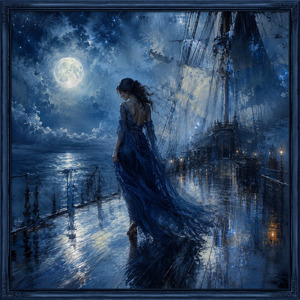 A barefoot woman walks slowly across the reflective deck beneath a brilliant full moon. Her trailing gown dissolves into textured blue shadows while lanterns cast small amber reflections across the wet boards. Tall rigging fades into mist, creating a deeply shaded fantasy scene filled with isolation, restrained romance, and quiet nocturnal beauty.