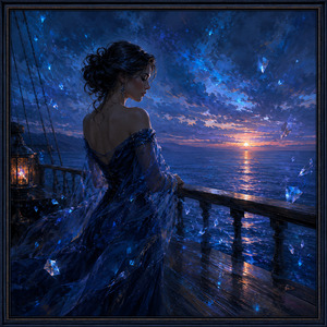 A contemplative woman stands beside the railing as the final sunset burns across the dark-blue sea. Crystal-like fragments drift through the air and appear woven into her translucent gown. Rich pencil shading, glowing reflections, and an elegant navy frame transform the ships deck into an abstract twilight dream of beauty and sadness.