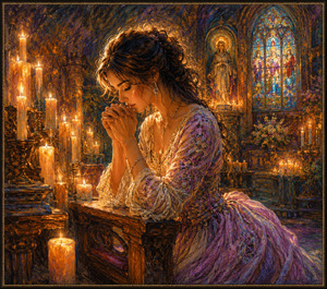 A graceful woman bows in prayer beside a carved church bench, surrounded by glowing candles and jewel-colored stained glass. Her lavender dress catches the warm golden light while deep crayon shading creates rich texture. The reverent scene begins the journey with serenity, faith, and quiet emotional warmth.