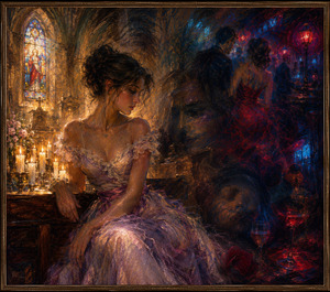 Candlelit devotion begins dissolving into temptation as the woman sits thoughtfully between sacred warmth and distant nightlife. Shadowy figures, red reflections, and blue haze emerge through the church interior. Feathered crayon textures create a murky transition, suggesting innocence drifting toward an alluring but emotionally uncertain world.