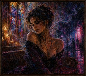 Sacred architecture and neon nightlife merge around the woman as her pale dress darkens into purple-black fabric. Stained glass, candles, smoky shadows, and wet city reflections overlap in expressive crayon strokes. Her downcast pose reveals conflict, while the surrounding colors grow increasingly seductive, mysterious, and emotionally dangerous.