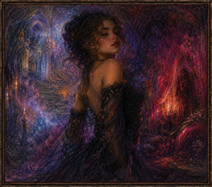 The woman fully enters a luxurious gothic dream, dressed in dark lace among crimson drapes, purple haze, candles, and ornate furnishings. Only faint traces of the church remain behind her. Her confident backward glance marks the transformation from prayerful restraint into dangerous attraction, passion, and hypnotic emotional surrender.