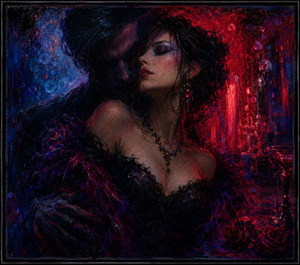 A glamorous woman rests within deep red, blue, and black shadows while a mysterious figure approaches from behind. Roses, glowing glassware, smoky bubbles, and neon reflections create a decadent atmosphere inspired by Its No Good. The final crayon scene feels irresistible, possessive, romantic, and beautifully toxic.