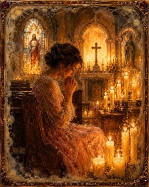 A woman in a delicate rose-colored dress prays quietly upon a wooden church bench. Dozens of candles surround her with golden warmth, illuminating stained glass, sacred statues, and the altar. Textured wax, bubbled edges, and an ornate jeweled frame create a deeply peaceful, devotional beginning.