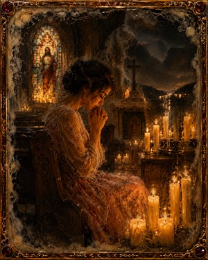 Candlelight and prayer remain central as darkness begins entering the church. Beyond the altar, distant road lights shimmer beneath gathering storm clouds. The woman stays seated with clasped hands while smoky wax textures blur the boundaries, suggesting an approaching journey and the first uncertain movement away from sanctuary.