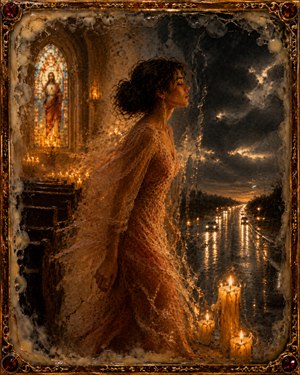 The woman rises between two worlds as the church dissolves into a rain-covered highway. Candles become reflected headlights, stained glass fades into storm clouds, and her flowing dress trails through the transition. Sacred warmth and nighttime freedom merge within murky, luminous wax layers and a richly ornamented frame.