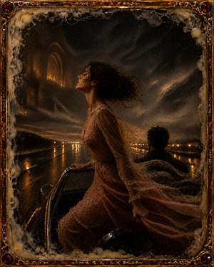 The journey now dominates. The woman leans into rushing wind aboard a moving vehicle, accompanied by a shadowed figure. Wet roads and distant lights stretch beneath turbulent skies, while faint cathedral arches linger like memories. Dark wax textures, golden reflections, and streaming fabric convey trust, danger, and exhilaration.