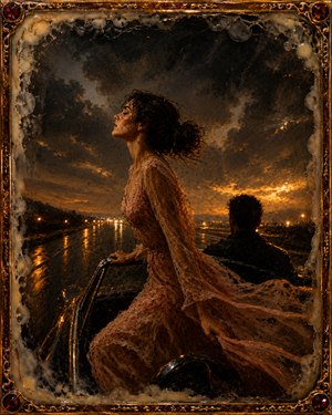 Fully released from the church, the woman rides beneath a vast storm-darkened sky, her face lifted peacefully into the wind. A silent companion guides them along a glowing wet road. Her flowing dress, golden horizon, bubbled wax surface, and jeweled frame express surrender, loyalty, freedom, and emotional escape.