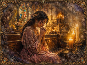 A woman in a delicate rose dress prays quietly on a wooden church bench, surrounded by glowing candles and stained glass. Deep sand-and-salt textures enrich every surface, while feathered shadows and floating bubbles soften the chapel. The ornate golden frame holds a scene of warmth, faith, and private reflection.