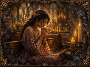 Candlelight grows darker as faint golden circles gather behind the praying woman. The church remains visible, but murky violet haze and suspended bubbles begin reshaping the sacred atmosphere. Sand-and-salt grains shimmer across her dress and the wooden bench, suggesting an unseen emotional force slowly entering her peaceful devotion.
