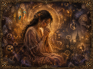 Prayer and dream merge at the center of the transition. A radiant halo expands behind the woman while candles, stained glass, and distant cathedral towers dissolve into luminous symbols and drifting smoke. Golden bubbles, circular markings, and granular textures surround her, balancing sacred comfort with longing, mystery, and approaching darkness.