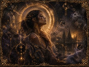 The church fades into a nocturnal fantasy of glowing rings, shadowed towers, and murky celestial vapor. The woman lifts her face toward the brilliant halo, one hand resting near her heart. Golden sand-and-salt particles flow through her hair and clothing, transforming quiet prayer into desire, surrender, and spiritual awakening.