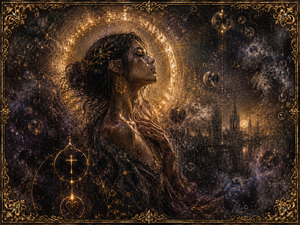 Fully transformed, the woman stands within a dark symbolic world inspired by Halo. A blazing golden circle crowns her against distant gothic spires, floating orbs, and deep violet clouds. Feathered darkness and granular light create a sensual, mysterious vision of devotion, temptation, vulnerability, and radiant emotional release.
