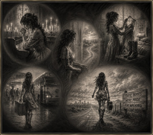 A prayerful woman sits among glowing church candles as smoky charcoal shadows carry her toward an open road. Her pretty dress gradually gives way to western boots, luggage, and determined movement, creating a dramatic time-lapse of faith, departure, and independence beneath a dark, polished frame.