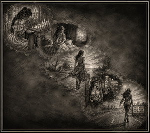 Five feathered scenes flow diagonally through murky charcoal haze, beginning with quiet prayer inside a candlelit chapel. The woman leaves familiar surroundings, travels a lonely country road, enters a lively honky-tonk world, and finally walks toward the horizon with confidence, strength, and unmistakable western spirit.