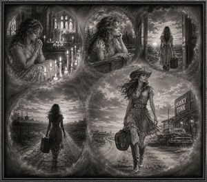 Deep charcoal shading transforms a solemn church moment into a cinematic journey of self-discovery. Soft circular scenes show the woman praying, reflecting, leaving with luggage, crossing rural roads, and arriving near a honky-tonk in cowboy boots. Murky transitions unite the sequence inside an elegant decorative frame.
