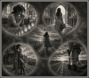 A richly shaded charcoal time-lapse follows a woman from candlelit devotion to determined independence. Feathered scenes reveal her leaving the church, walking through open country, approaching a rustic honky-tonk, and continuing down an endless road in embroidered boots. The dark frame strengthens the nostalgic western drama.