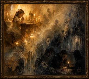 Golden candlelight surrounds a praying young girl as innocence dissolves into a murky world of shadowed figures, dripping wax, masks, sealed papers, and silent confession. The textured transition reflects hidden truths surfacing painfully, while the ornate bronze frame strengthens the solemn, gothic atmosphere.