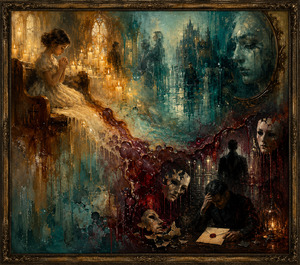 A young girl prays quietly among glowing church candles while melted amber wax flows toward a cold teal city of reflections and secrets. Broken masks, a sealed letter, and a grieving man symbolize concealed emotions and the consequences of honesty, creating a dramatic journey from purity to revelation.