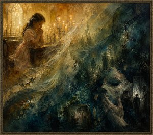 Warm spiritual light surrounds the praying girl before translucent wax veils sweep across the composition. Shadowy architecture, ghostly faces, and a large fractured mask emerge within deep blue-green darkness. The scene suggests truth struggling through deception, transforming peaceful faith into a haunting confrontation with identity and consequence.