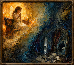 A candlelit child prays peacefully as luminous wax currents spiral toward a fractured mirror, scattered letters, abandoned masks, and a distant doorway. Golden innocence collides with deep blue secrecy, creating a powerful contrast between comfort and emotional exposure. The ornate frame completes its dramatic, timeworn appearance.
