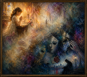 Soft candlelight illuminates a young girl praying while misty wax textures carry the scene through floating letters, fractured masks, shadowed hands, and distant figures. Jewel-toned blues, purples, and golds express concealed truth, regret, and emotional release, ending with a solitary man reflecting beside dark water.