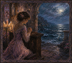 A woman in a flowing violet dress kneels at a carved church bench, surrounded by glowing candles and stained glass. Beyond the chapel, a restless moonlit ocean appears through the darkness. A small bottle carrying a hidden note drifts offshore, quietly introducing hope, distance, and unanswered prayer.