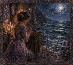 The chapel begins dissolving into the rocky coastline as candlelight mixes with cold moonlight. The praying woman remains beside the wooden bench while waves enter the sacred space. A glass bottle with a message rises clearly from the surf, becoming a symbol of loneliness, faith, and distant connection.