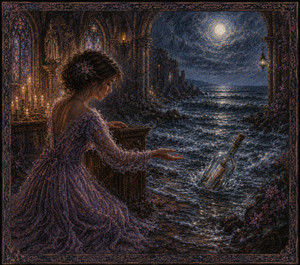 Church and ocean become one dreamlike world beneath the moon. The woman turns from prayer and reaches toward a large bottle rolling through the waves. Candles, stained glass, flowers, and ruined stone blend into the sea, capturing the moment when private longing becomes a message sent toward an unknown heart.