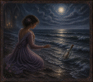 The chapel fades into a shadow behind the woman as she kneels alone beside the moonlit surf. Her hand reaches toward the floating bottle while silver waves carry it farther away. Deep blues, purple flowers, and fading candlelight express solitude, hesitation, and the fragile hope that someone may answer.