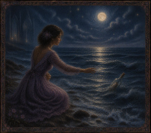 Under a luminous moon, the woman reaches across the dark ocean toward a bottle drifting beyond her grasp. Only faint traces of the chapel remain in the distance. The wide sea becomes a symbol of isolation and possibility, carrying her unspoken message toward strangers who may be waiting somewhere beyond the horizon.