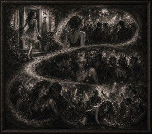 A young woman leaves home in hopeful elegance, following an S-shaped journey into a shadowy party world. Feathered charcoal scenes reveal crowded dancing, masked temptation, dangerous attraction, and increasingly feral behavior. Murky transitions merge innocence with primal nightlife, ending in chaotic surrender beneath smoke, city lights, and an ornate dark frame.