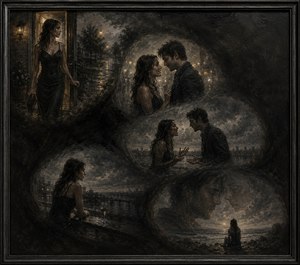 A rain-dampened woman leaves home with hopeful anticipation, meets a gentleman beneath glowing streetlights, then confronts him as affection turns to conflict. The charcoal S-curve continues through solitary reflection beside dark water, ending with ghostlike memories above a lonely shoreline. Feathered bubbles, murky transitions, and a heavy frame deepen the regret.