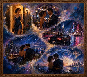 A radiant woman leaves home in a shimmering blue dress, meeting her gentleman beneath glowing lights. Their journey flows through neon streets, a moonlit rooftop, and sweeping city views. Feathered bubbles, textured brushwork, and murky transitions unite five romantic moments, framed in ornate gold with a dreamlike, worldly atmosphere.