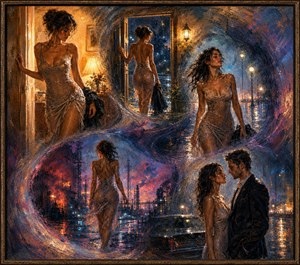 A young woman pauses in warm doorway light, her damp, shimmering dress catching golden reflections as she prepares to step into the night. Loose curls frame her thoughtful expression while a dark coat rests in her hand. Thick painted texture, glowing shadows, and feathered edges create an intimate, dreamlike beginning.