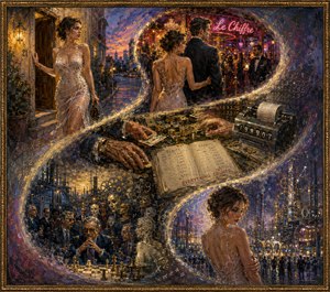 A young womans glamorous evening unfolds through five flowing scenes of romance, ambition, wealth, and awakening. Leaving home with hopeful anticipation, she enters a dazzling world where money, power, calculation, and social performance dominate. Murky painted transitions, symbolic ledgers, machinery, and glittering crowds reveal the hidden cost beneath the glamour.