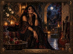 A mysterious woman in flowing black and crimson lace sits in a moonlit Spanish courtyard, surrounded by roses, candles, a black cat, and a glowing guitar. Warm amber lantern light contrasts with deep blues and shadows, creating a seductive, mystical mood. Ornate bronze framing and rich painterly detail enhance the handcrafted atmosphere.