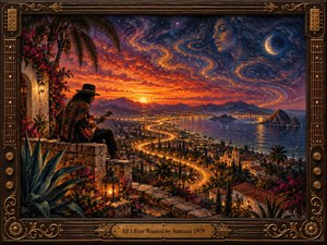 A solitary guitarist sits on a flowered stone terrace above a glowing coastal city at sunset. A luminous S-curve roadway winds toward the sea beneath fiery orange, violet, and deep blue skies, where a moon and ethereal face emerge. Rich painterly textures, lantern light, tropical foliage, and an ornate guitar-themed bronze frame create romantic intensity.