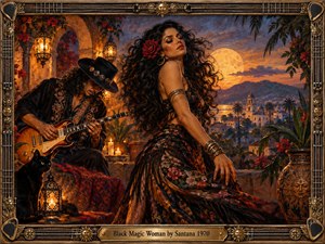A dark-haired woman dances in a glowing Mediterranean courtyard while a guitarist plays nearby beneath lanterns and a luminous moon. Rich reds, bronze, amber, and black create a mysterious, sensual mood. Floral fabrics, arches, palms, candles, a black cat, and ornate musical framing give the scene a romantic vintage fantasy style.