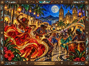 A vibrant stained-glass mosaic captures a moonlit tropical carnival, with dancers, a guitarist, and conga players moving through a glowing colonial plaza. Jewel-toned reds, golds, turquoise, and cobalt shimmer beneath lanterns and a bright moon, while swirling mosaic patterns, palms, cathedral towers, and ornate framing amplify the joyous rhythmic atmosphere.