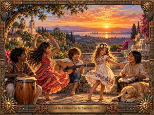 Children gather on a sunlit stone terrace, playing drums, guitar, and dancing above a glowing coastal city at sunset. Warm oranges, golds, and tropical greens create a joyful, communal mood. Detailed painterly textures, mission architecture, flowers, fountains, and an ornate guitar-inspired frame enrich the vibrant scene.