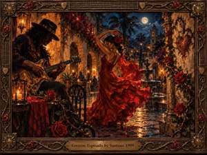 A passionate dancer in a flowing crimson dress moves through a moonlit courtyard while a shadowed guitarist plays nearby. Warm candles, roses, stone arches, a fountain, and distant palms create a sensual, dramatic atmosphere. Rich reds, amber gold, bronze, and deep blue glow within a detailed oil-painted frame.