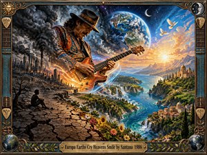 A richly detailed fantasy painting contrasts a smoke-blackened industrial wasteland with a radiant coastal paradise of waterfalls, villages, flowers, mountains, and turquoise water. A contemplative guitarist bridges both worlds beneath Earth and a glowing sunrise. Ornate bronze guitar-inspired framing reinforces the dramatic themes of sorrow, healing, and renewal.