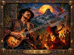 A richly detailed painterly scene shows a guitarist performing before a glowing jungle temple, fiery dancers, hand drums, tropical foliage, and a soaring macaw. Warm oranges, reds, turquoise, and deep greens create a hypnotic, celebratory mood, framed by ornate bronze musical motifs and carved sun emblems.
