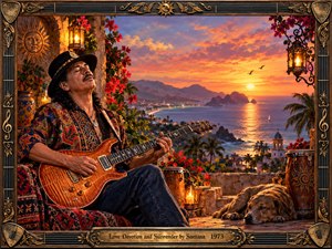 A soulful guitarist plays on a flower-covered seaside terrace at sunset, surrounded by glowing lanterns, hand drums, and a resting dog. Warm orange, gold, crimson, and violet light fills the detailed painted scene, while distant mountains, palms, coastal buildings, and an ornate guitar-inspired frame create a romantic, spiritual atmosphere.