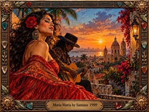 A richly detailed painted scene shows a poised woman in a flowing red shawl beside a guitarist overlooking a glowing coastal city at sunset. Warm orange light, blue sky, palms, flowers, cathedral domes, and ornate architecture create a romantic Latin atmosphere, framed by decorative bronze musical motifs and guitar picks.