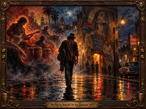 A solitary musician walks through a rain-slicked night street glowing with amber lamps, fiery reds, deep blues, and reflected gold. Ghostly band figures, swirling musical energy, weathered murals, palms, and vintage architecture create a tense yet resilient mood. Rich painterly textures and an ornate bronze-trimmed frame evoke soulful 1970s Latin rock.