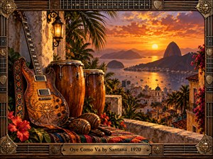 At sunset, a weathered sunburst electric guitar, polished congas, carved maracas, tropical flowers, and a woven textile fill a terrace overlooking a glowing coastal city and bay. Warm amber light, palms, sailboats, distant mountains, and ornate carved framing create a vibrant, cinematic Latin rock atmosphere rich with rhythm and color.