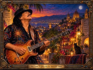 A soulful guitarist performs above a glowing hillside city at twilight, surrounded by palm trees, flowers, lanterns, and warm amber lights. Deep blues, fiery oranges, and rich gold create a spiritual, reflective mood. Ornate guitar-inspired framing, moonlit architecture, and painterly detail give the scene dramatic romantic intensity.