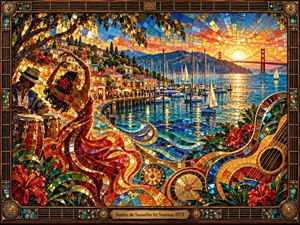 A radiant glass mosaic captures Sausalito harbor at sunset, where a flowing dancer, hand drums, sailboats, and sweeping guitar forms pulse with tropical rhythm. Jewel-toned reds, blues, golds, and turquoise shimmer beneath warm coastal light, while the distant bridge and ornate instrument-inspired frame create a festive, elegant 1970s atmosphere.